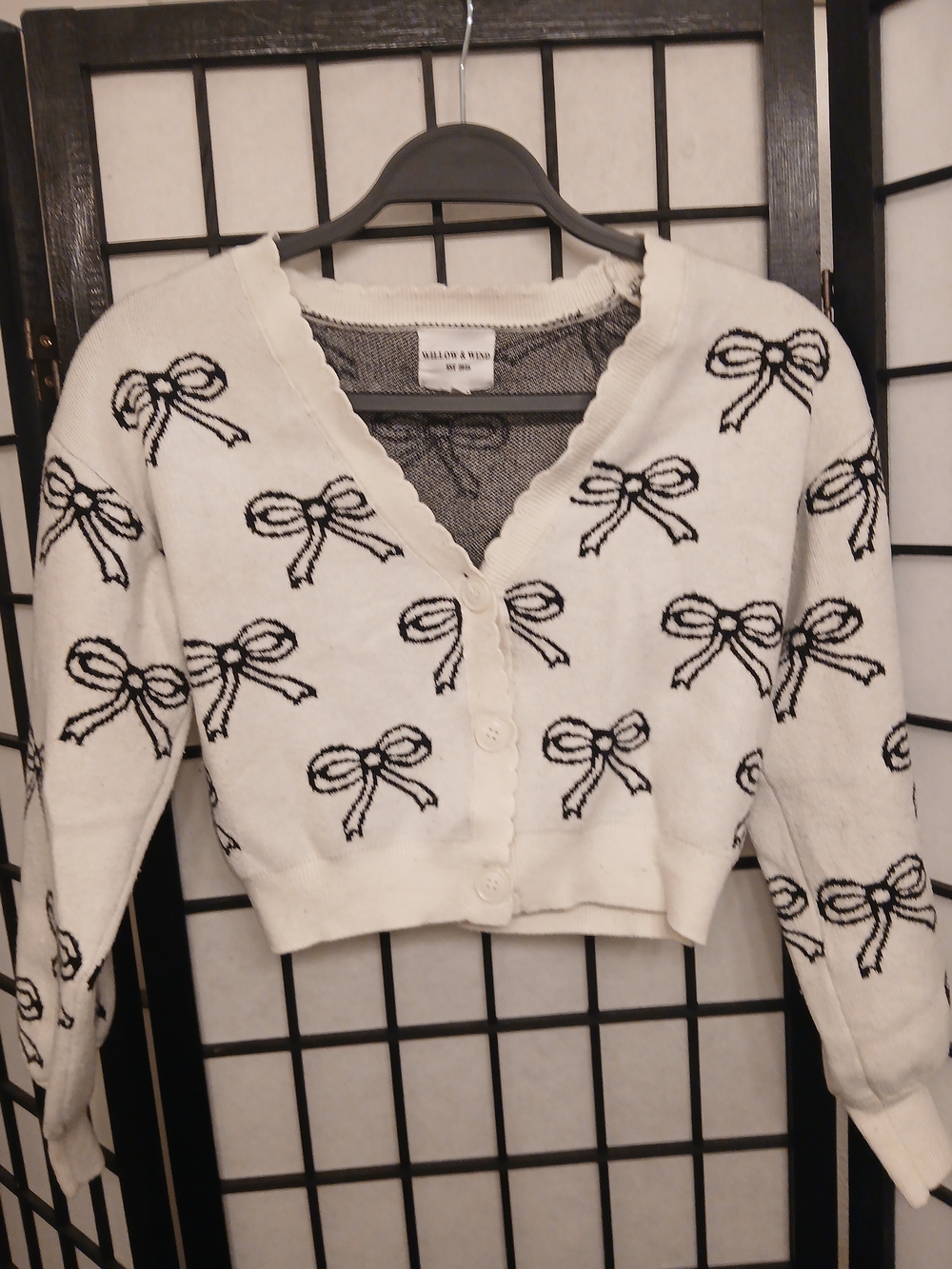 White Bow-Print Cropped Cardigan Sweater Size Xs